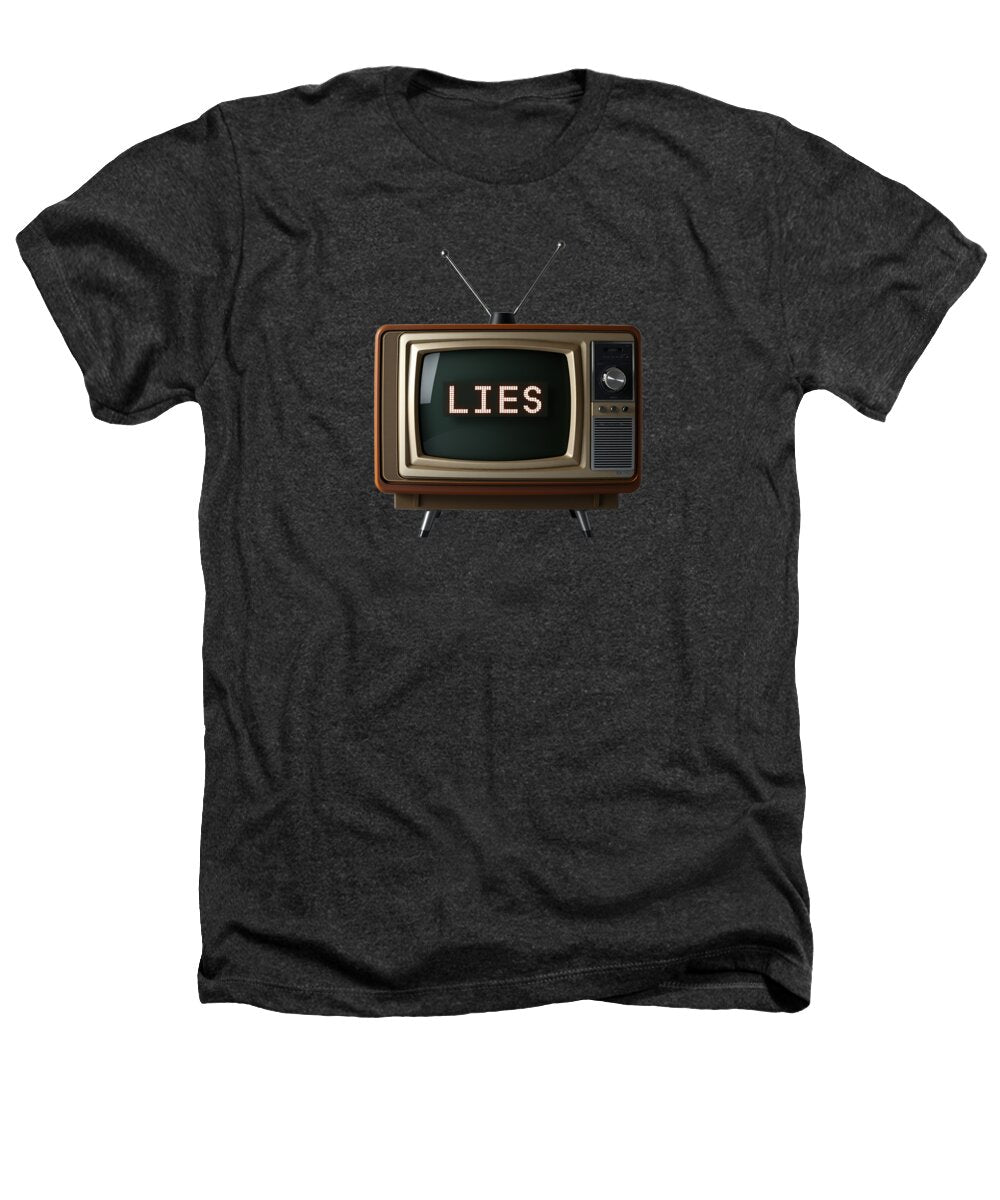 Heathers T-shirt, charcoal gray, TV graphic with 'LIES' print at center