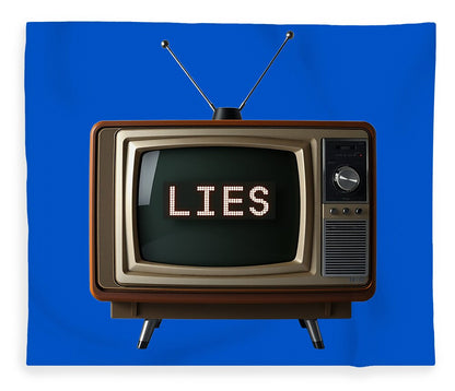 Decorative blanket with blue TV graphic and 'LIES' screen text