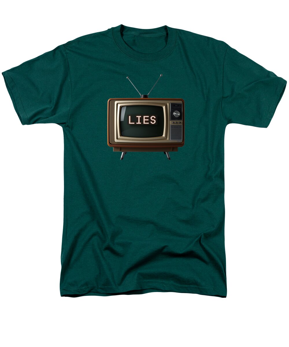 Men's T-shirt in hunter green with front TV graphic and “LIES” text
