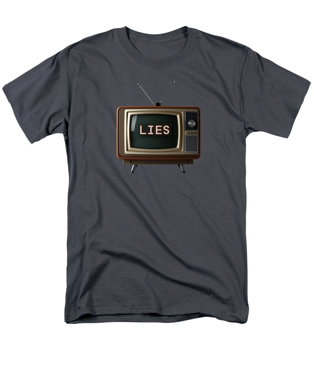 Men's T-shirt in charcoal with front TV graphic and “LIES” text