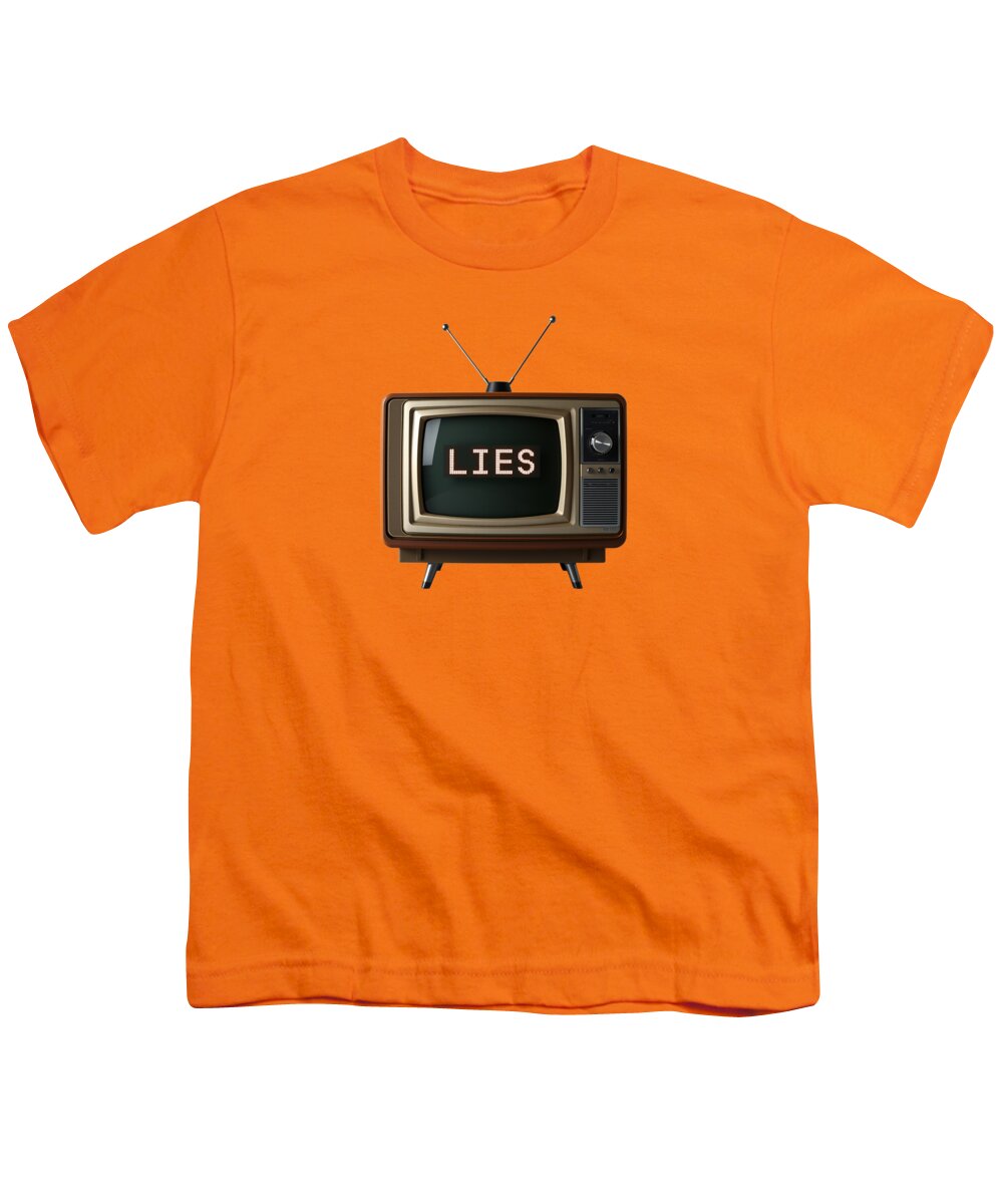 Youth T-shirt in orange with a TV graphic and the word “LIES” on the chest