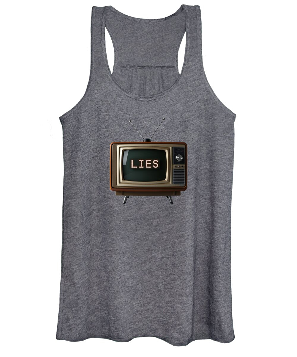 Heather gray women's tank top with 'LIES' TV graphic at center