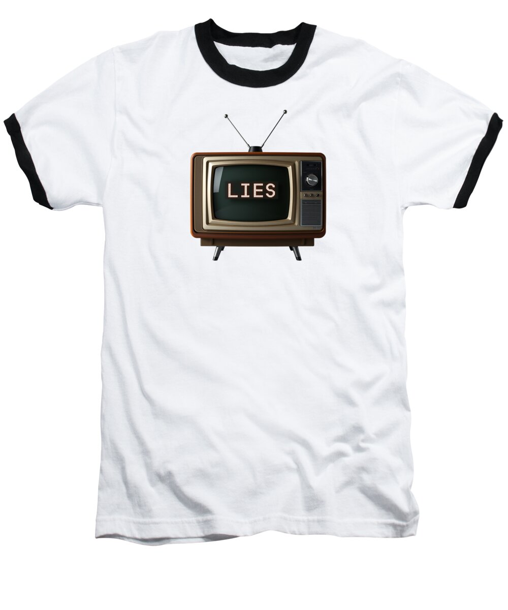 White baseball ringer T-shirt with TV graphic and 'LIES' print