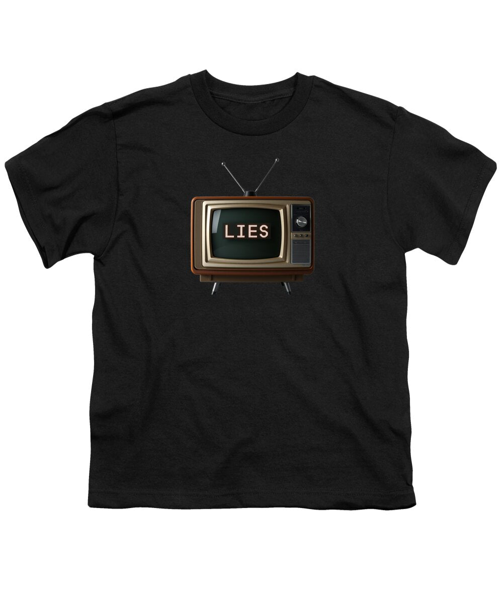 Black youth T-shirt with "LIES" TV graphic on front