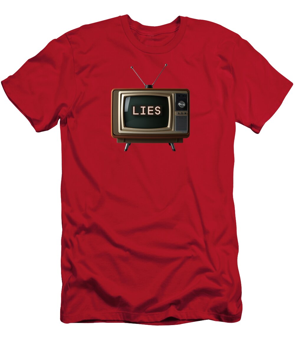 Red graphic T-shirt with TV-style 'LIES' print