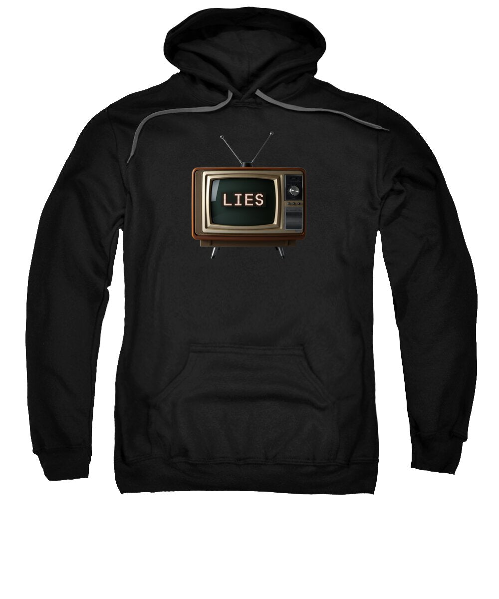 Black hoodie sweatshirt with front pocket and TV “LIES” graphic