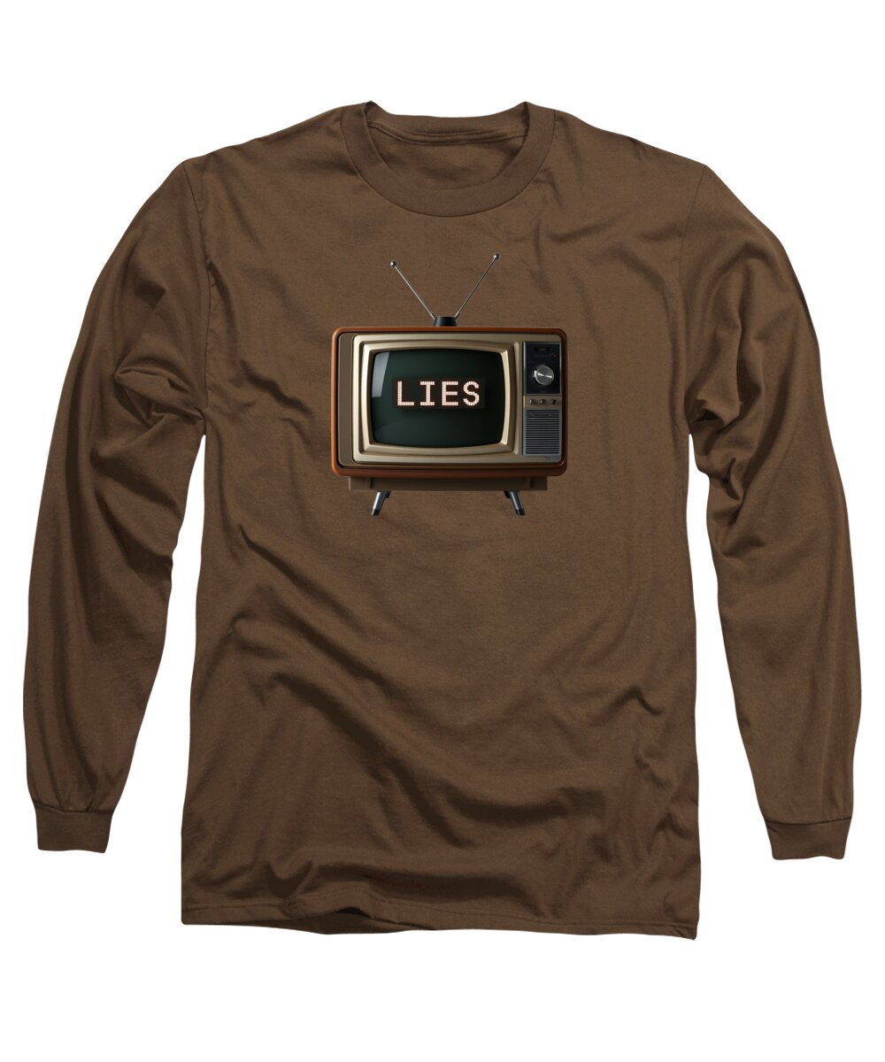 Coffee brown long sleeve T-shirt with TV graphic and word LIES