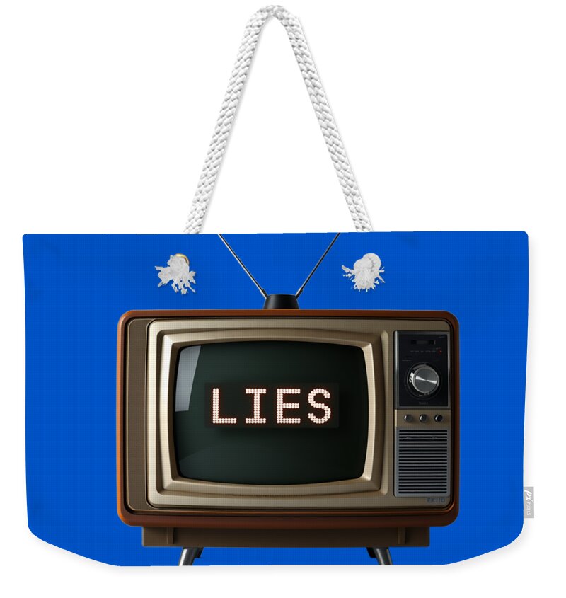 Blue weekender tote bag with white rope handles; TV graphic reading 'LIES'.