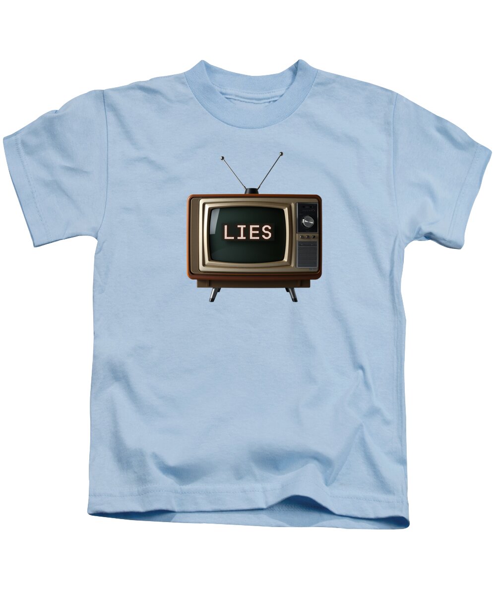 Kids T-shirt, pale blue, front graphic of retro TV with “LIES”