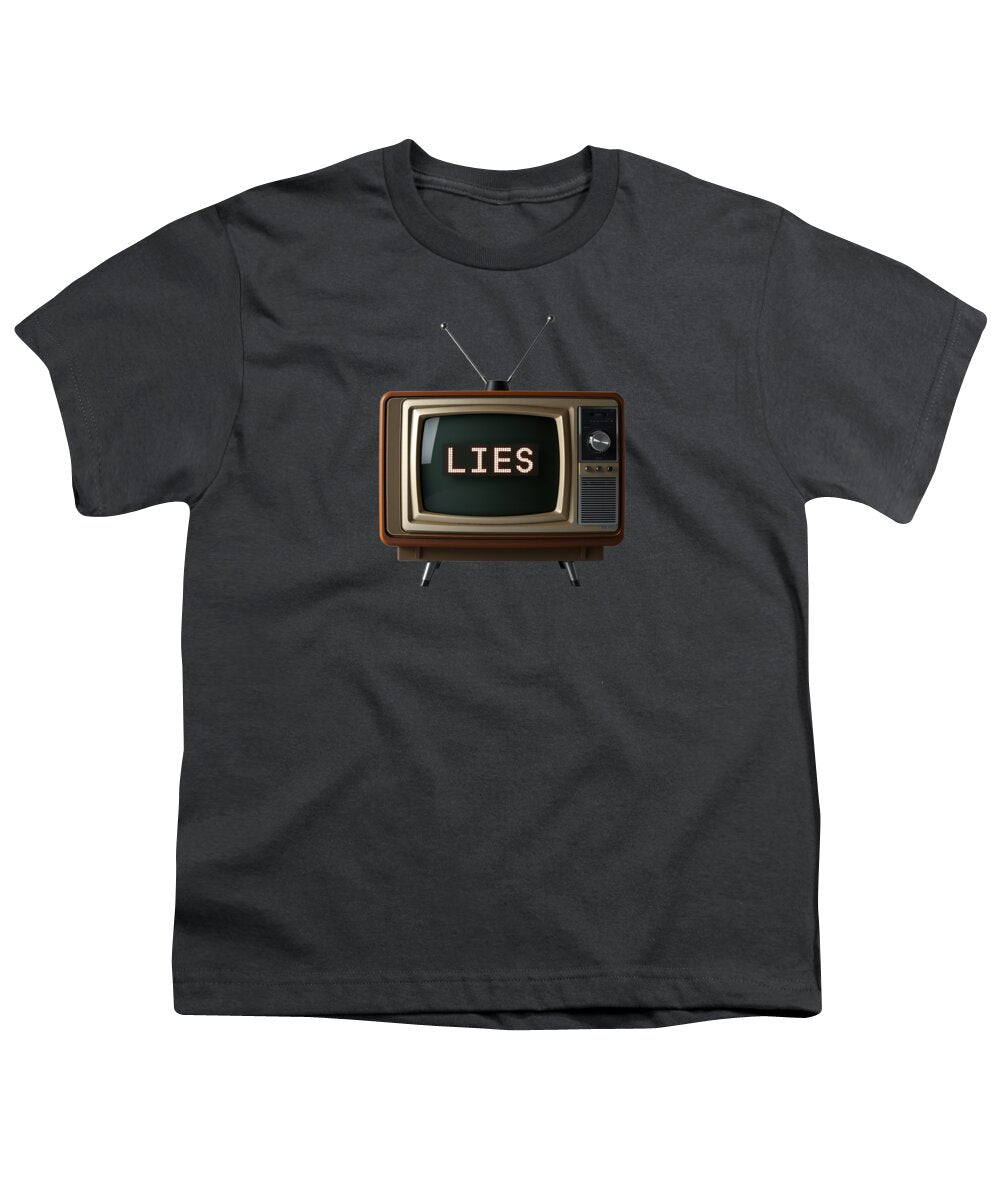Charcoal youth T-shirt with "LIES" TV graphic on front