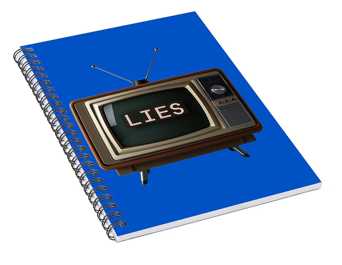 Spiral notebook with blue cover, retro TV graphic reading 'LIES' and spiral binding