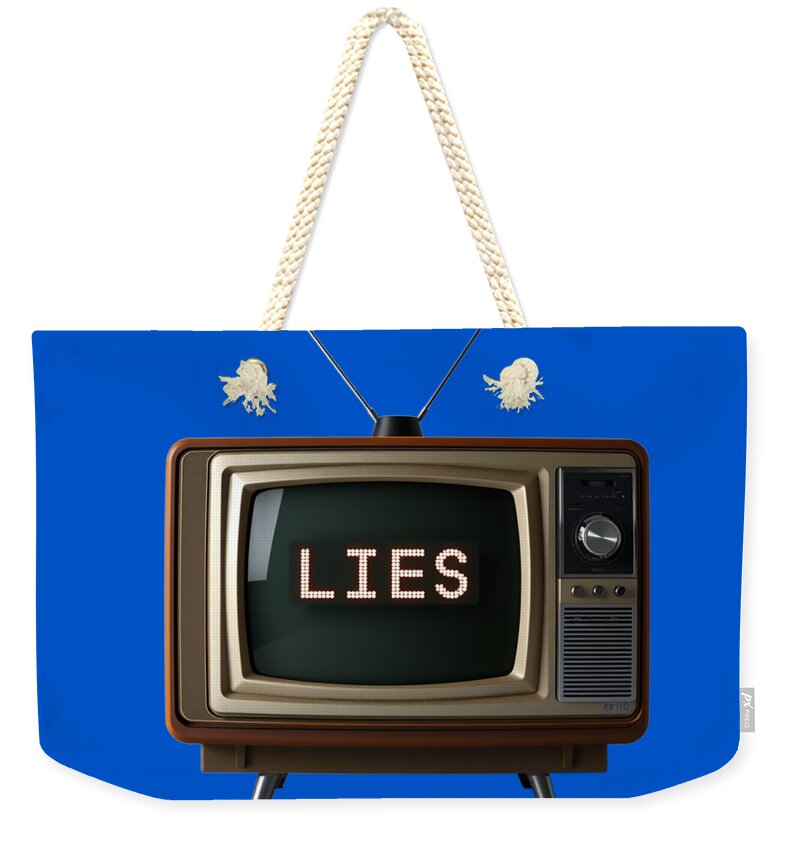 Blue weekender tote bag with white rope handles; TV graphic with antenna and 'LIES'.