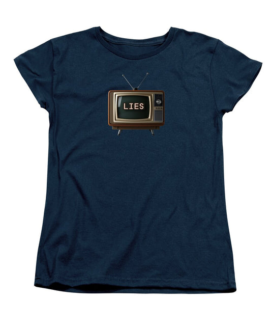 Navy women's T-shirt with centered TV 'LIES' graphic
