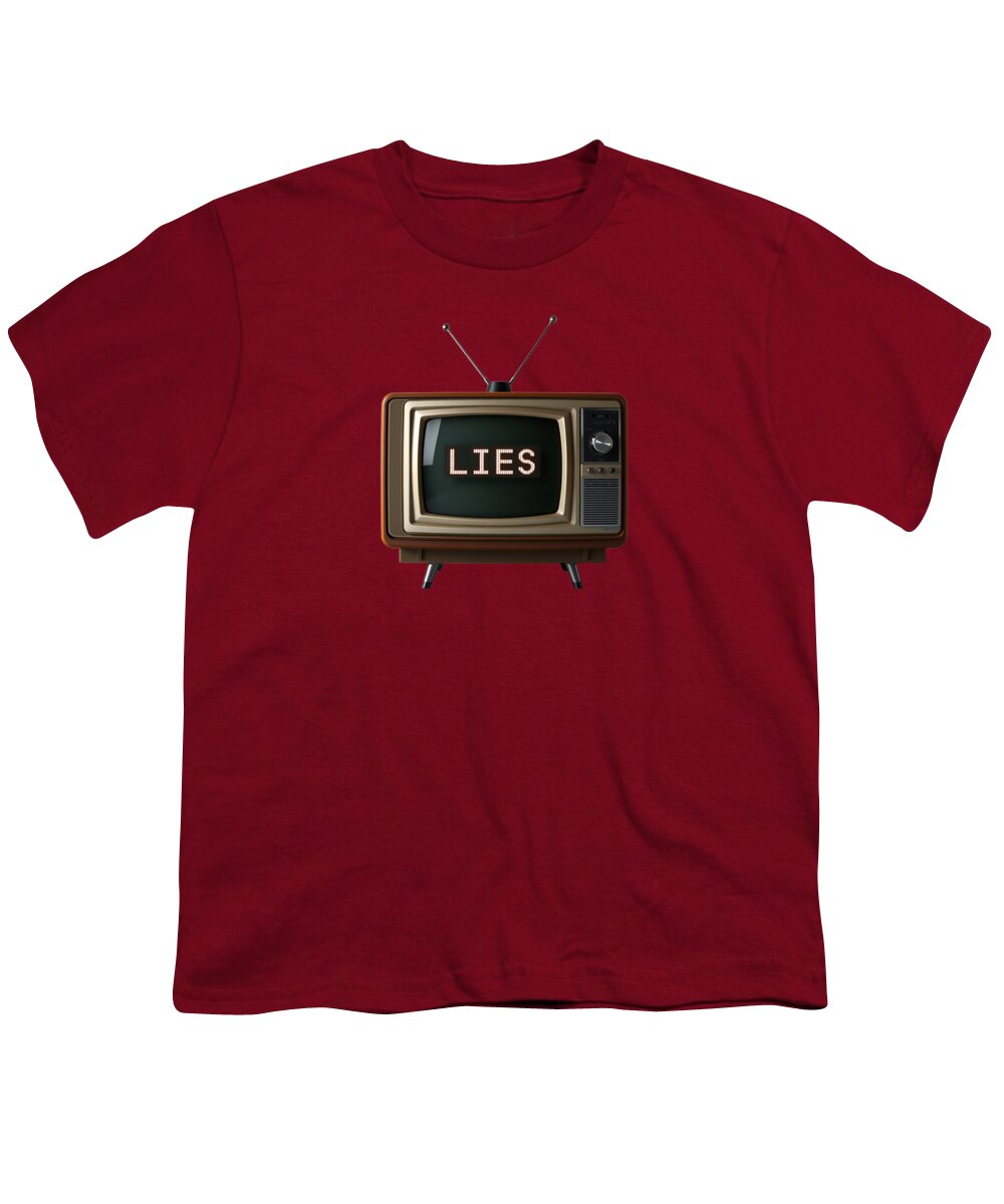 Cardinal red youth T-shirt with "LIES" TV graphic on front
