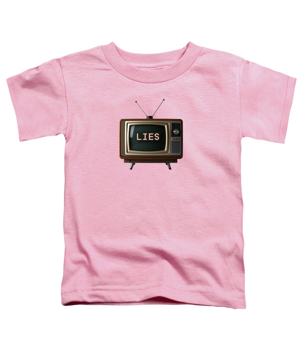 Pink toddler t-shirt with front graphic of a TV screen reading “LIES”
