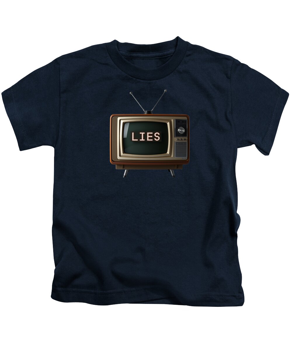 Kids T-shirt, navy, front graphic of retro TV with “LIES”