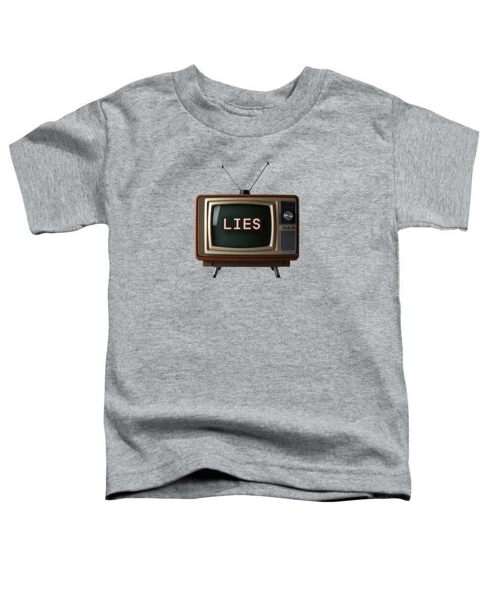 Heather gray toddler t-shirt with front graphic of a TV screen reading “LIES”