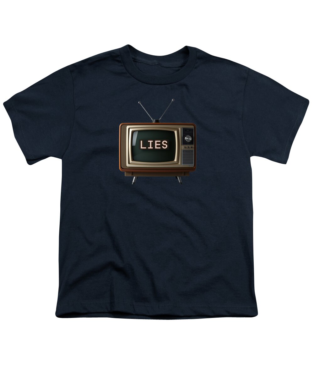 Youth T-shirt in dark navy with a TV graphic and the word “LIES” on the chest