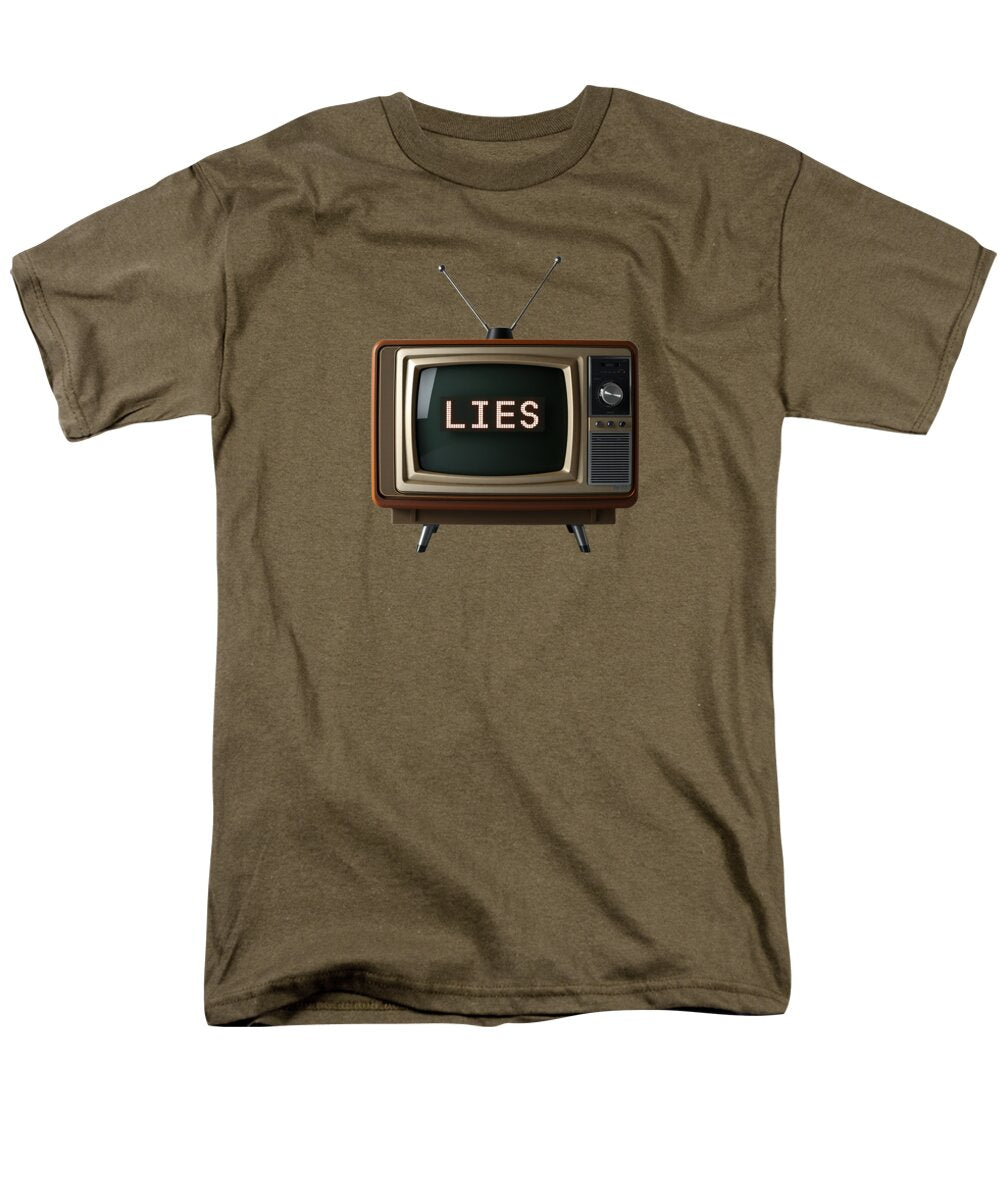 Men's regular-fit T-shirt in olive brown with 'LIES' TV graphic on front