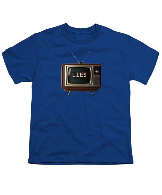 Royal blue youth T-shirt with "LIES" TV graphic on front