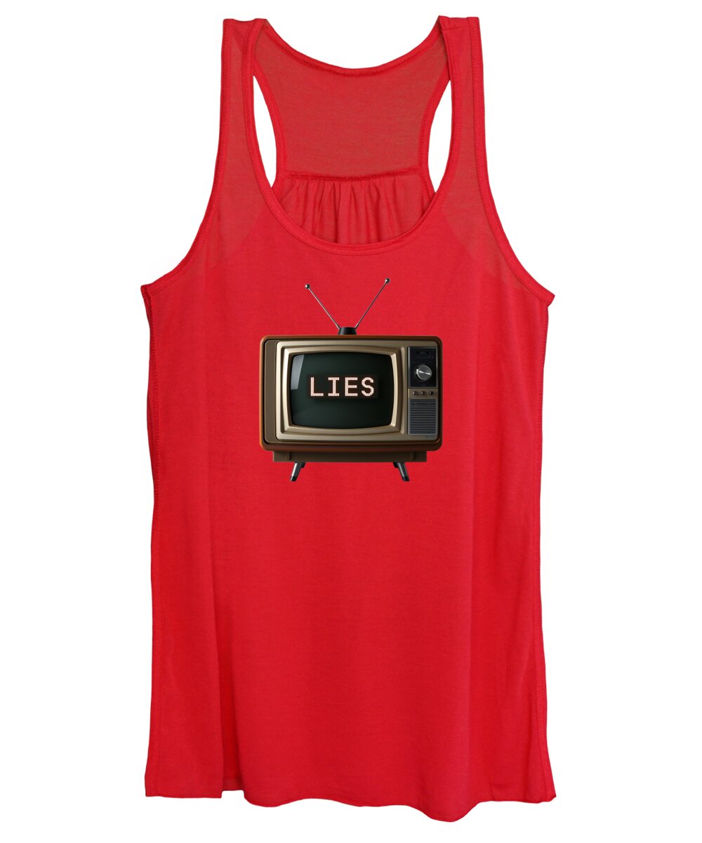 Red women's tank top with scoop neck and 'LIES' TV graphic