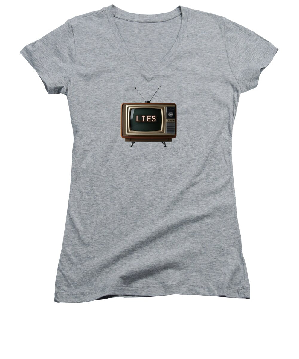 Women's heather gray V-neck T-shirt with TV screen graphic on front
