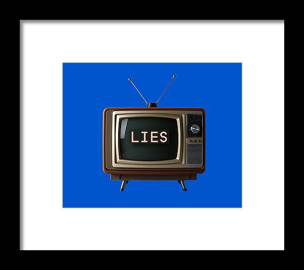 Framed television wall art with dark mat; brown TV set shows “LIES” on blue background