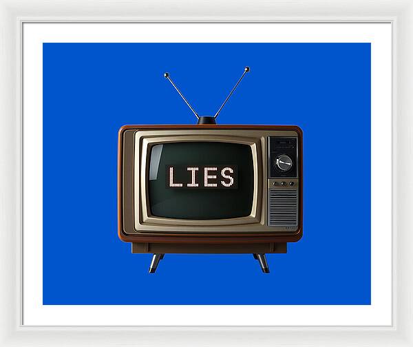 Framed print featuring a retro TV with antennas and "LIES" displayed on-screen.