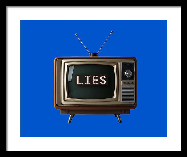 Framed print of vintage TV with 'LIES' text on blue; black frame and white mat