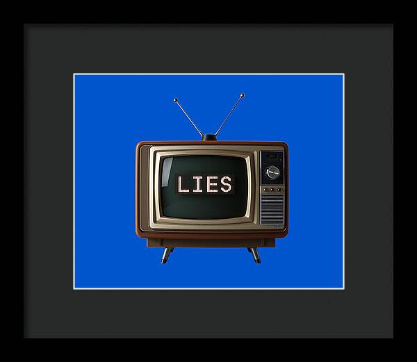 Framed television wall art with dark frame and mat; brown TV shows “LIES” on blue background