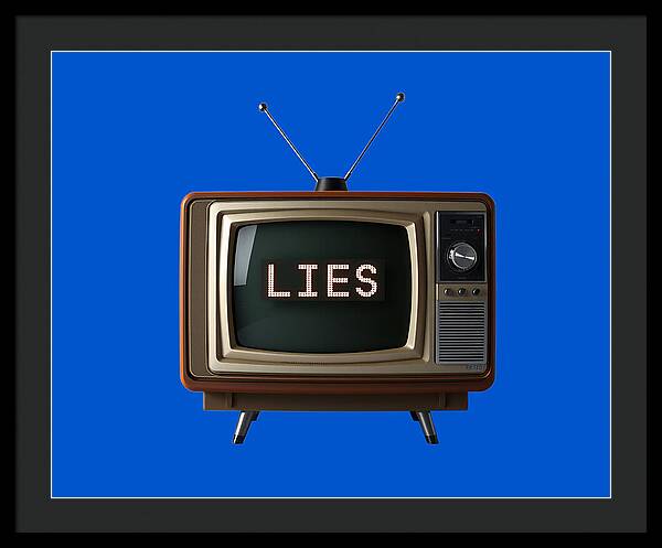 Framed print with a vintage TV illustration; antennas up and screen says "LIES".