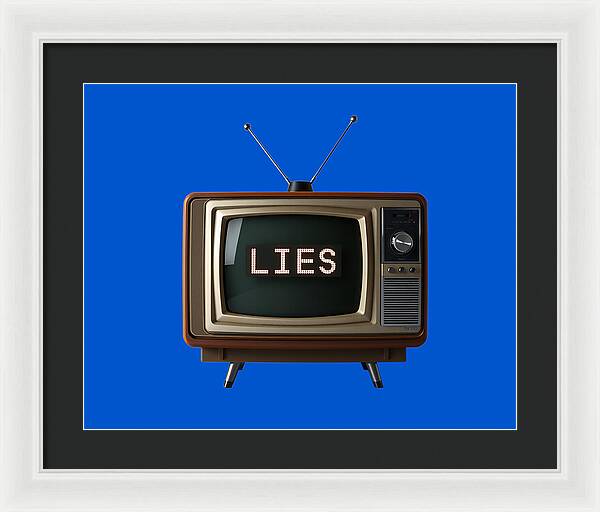 Framed print of vintage TV with 'LIES' text on blue; black frame