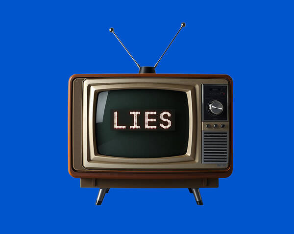 Television art print with a retro TV displaying the word “LIES”