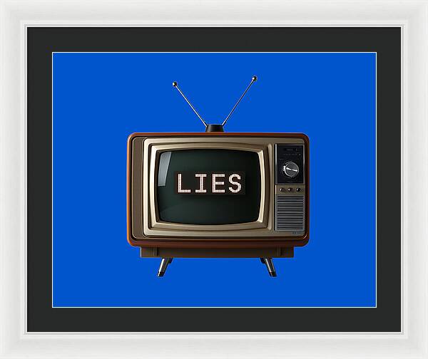 Framed print of a vintage television with antennas, screen text reads "LIES".