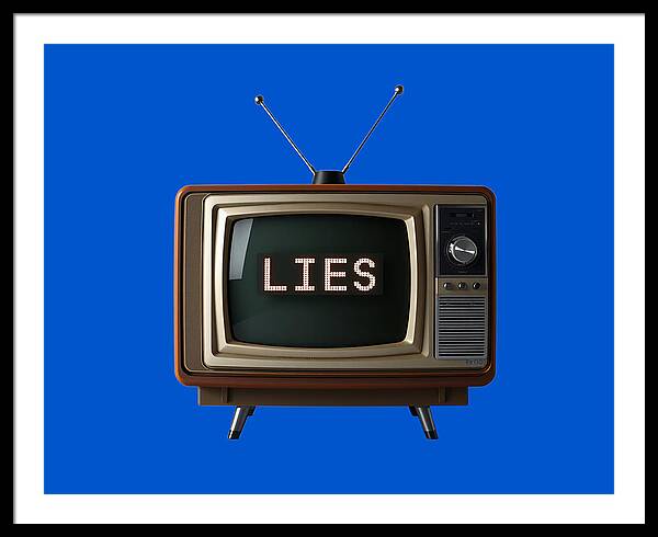 Framed print with a retro television illustration; "LIES" appears on the screen.