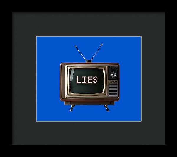 Framed television wall art with dark frame; brown TV set shows “LIES” on blue background