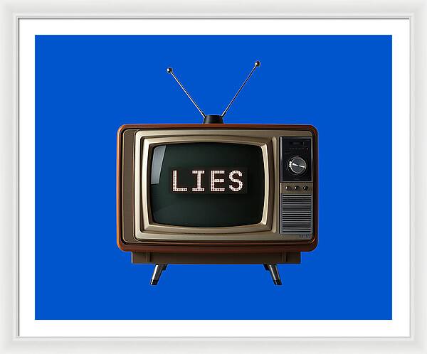 Framed television wall art with brown TV set showing “LIES” on blue background
