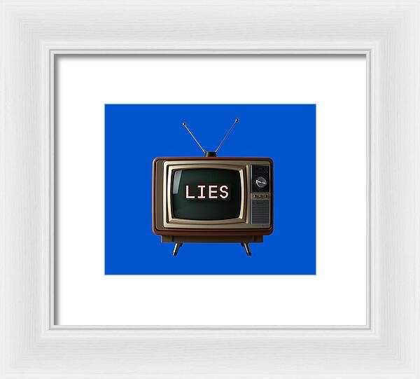 Framed television wall art with white frame; brown TV set shows “LIES” on blue background