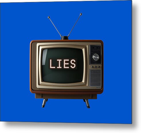 Metal print featuring a vintage TV with 'LIES' on screen