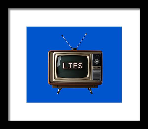 Framed television wall art with black frame; brown TV set shows “LIES” on blue background