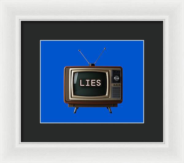 Framed television wall art with dark mat; brown TV set shows “LIES” on blue background
