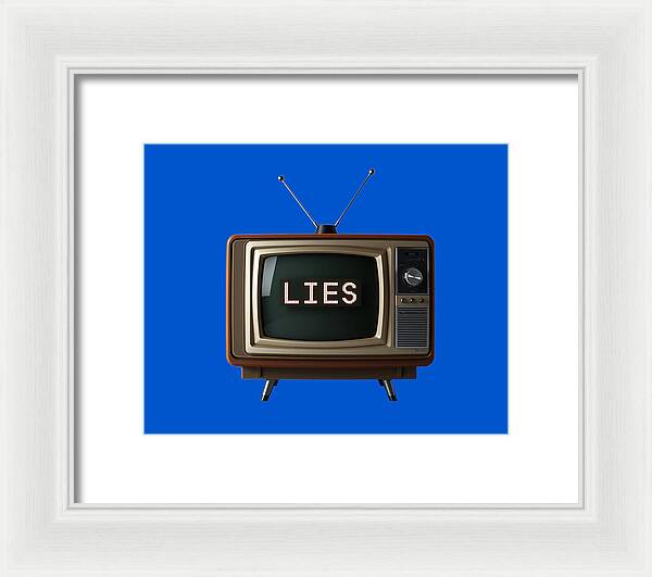 Framed television wall art with white frame; brown TV set shows “LIES” on blue background