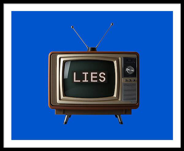 Framed print of a retro TV showing "LIES" on the screen and antennas above.