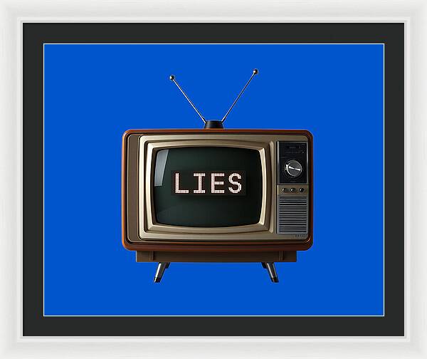 Framed print of a vintage TV set with antennas and the text "LIES".
