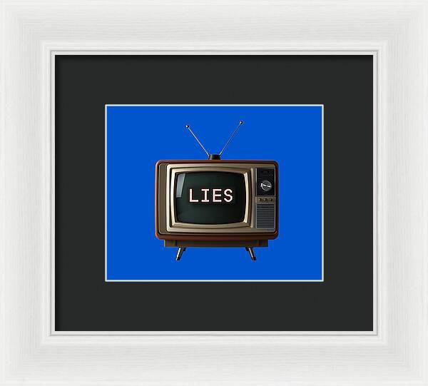 Framed television wall art with dark mat; brown TV set shows “LIES” on blue background