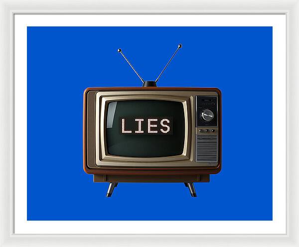 Framed print featuring a vintage TV with antennas and the word "LIES" on display.
