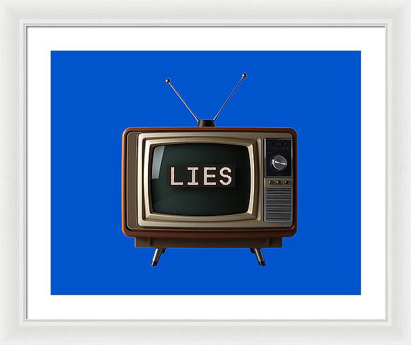 Framed print with a retro TV illustration showing "LIES" on the screen.