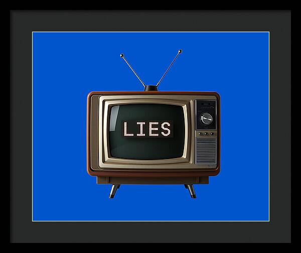Framed print of vintage TV with 'LIES' text on blue; dark gray frame