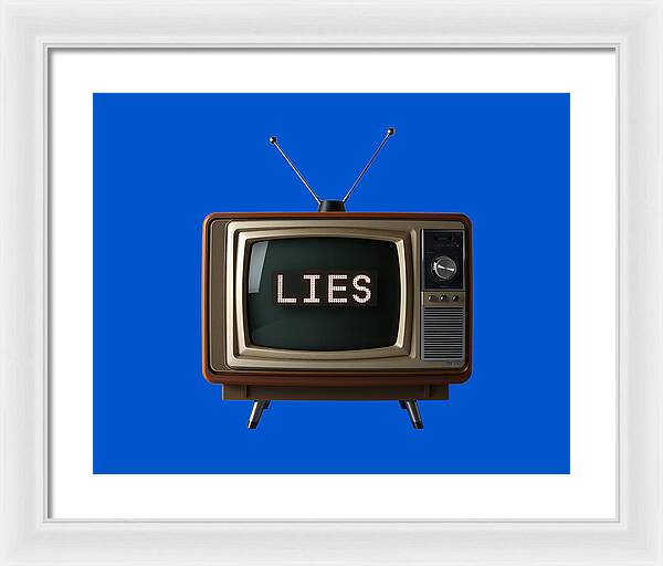 Framed print of vintage TV with 'LIES' text on blue; light frame
