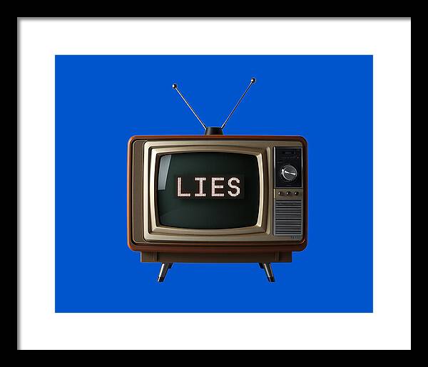 Framed print: blue TV graphic reading LIES, black frame with white mat